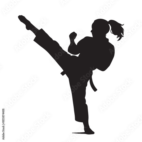 Female martial artist executing a precise and powerful high kick in a striking silhouette