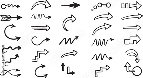 A diverse collection of hand-drawn doodle arrows in various styles and directions, perfect for graphic design elements.