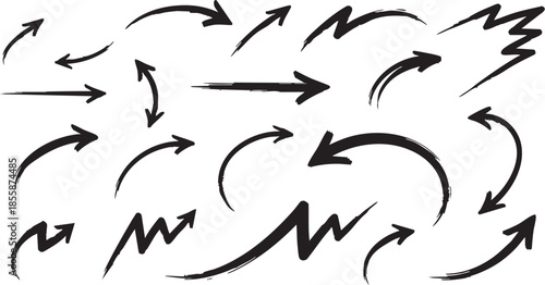 A collection of hand-drawn black arrows in various styles and directions, pointing left, right, up, and down, on a white background.