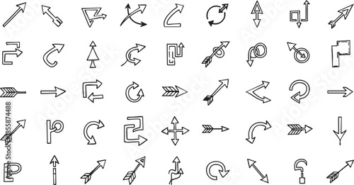 A collection of hand-drawn sketch-style arrow icons and symbols in various directions and shapes.