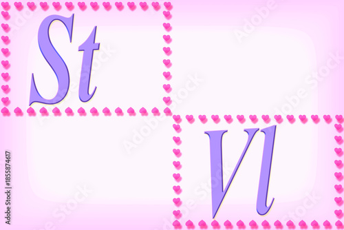 Two rectangles of hearts with the abbreviation Saint Valentine on pink