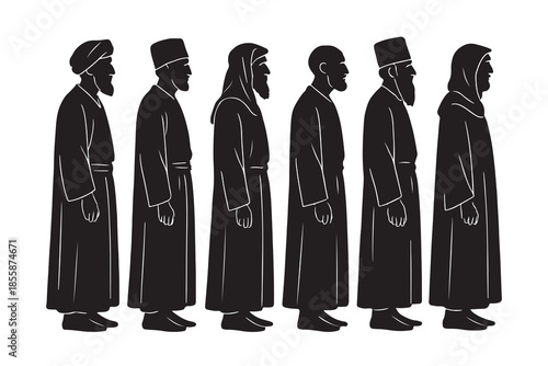 Diverse spiritual figures: a silhouette portrayal of men in traditional religious garb