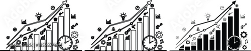 Black and white business growth chart with various icons and clock