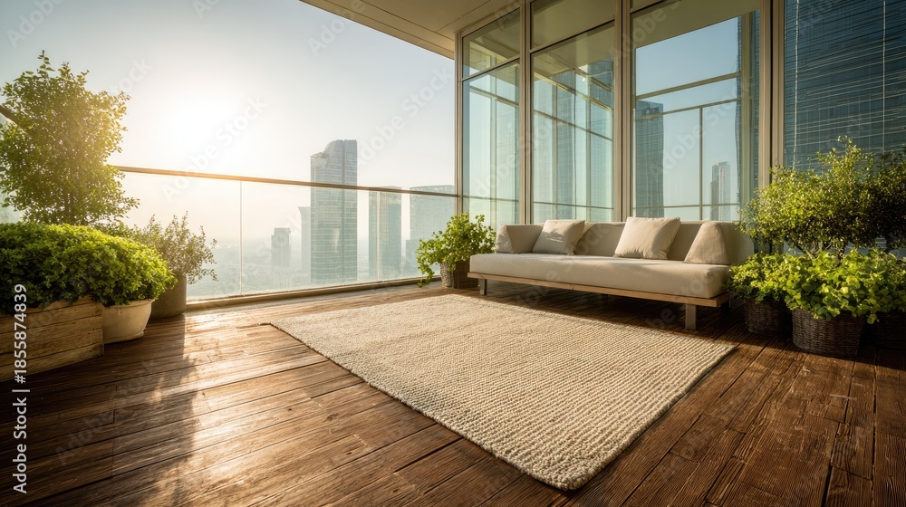 Naklejka premium Modern balcony with city view featuring sofa plants and sunlight