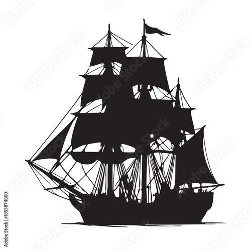Historic sailing ship silhouette against a pristine white background, evoking maritime adventure