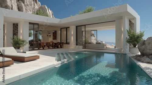 Luxurious Villa with Pool: A modern villa with a crystal-clear pool, capturing an inviting atmosphere of relaxation and opulence.