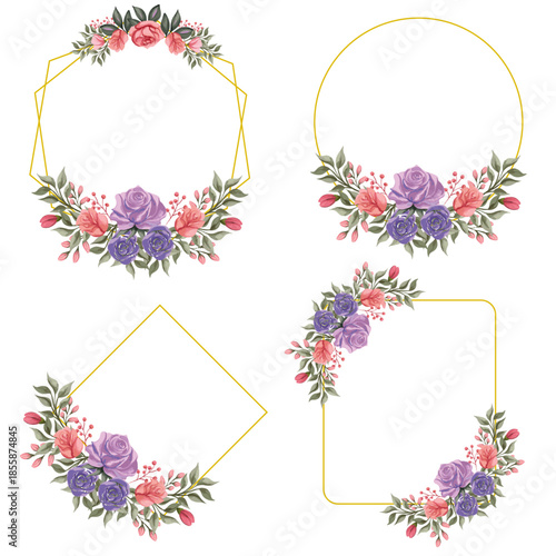 set of floral frames, Golden polygonal frames with elegant flowers, Wedding landing page,  floral border, Watercolor flowers frame