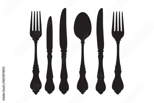 Elegant black silhouettes of ornate dining cutlery set against a clean white background