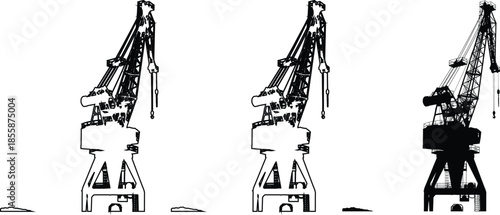 Three crane machines in different line styles and colors on white background for industrial designs