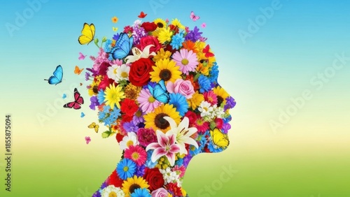 Floral Head Silhouette with Butterflies and Colorful Flowers.