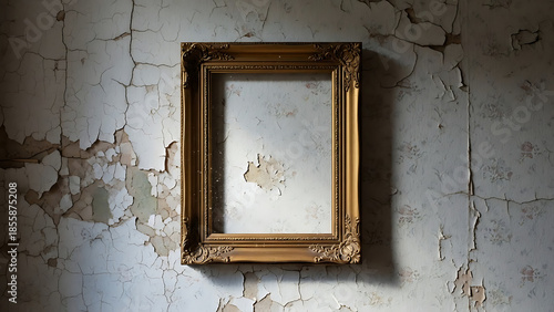 An empty ornate gold picture frame on a weathered white brick wall