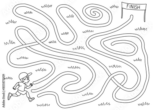 Running boy maze graphic black white sketch illustration vector 