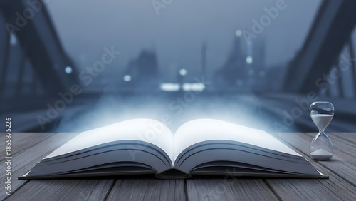 Mysterious illuminated book on a wooden bridge