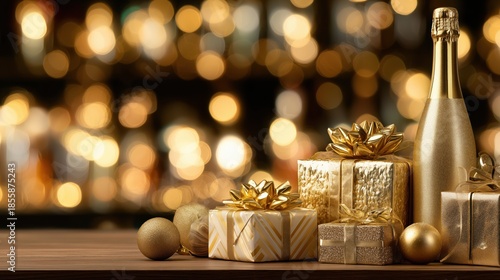 Golden Champagne Bottle with Festive Presents and Ornaments Against Bokeh Lights