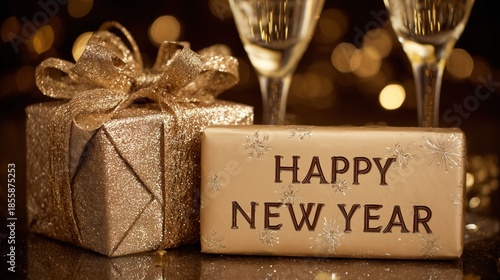 Golden New Year Gifts with Champagne Glasses and Bokeh Background