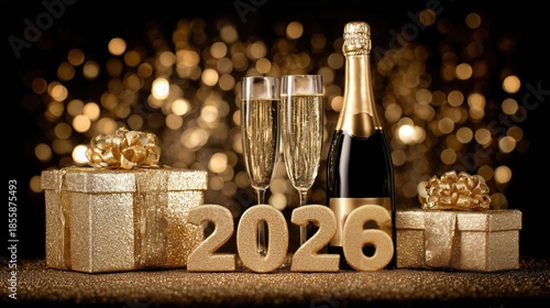 Celebration Setup with Champagne, Flutes, Gift Boxes, and 2026 Numerals on Glittery Surface and Bokeh Lights