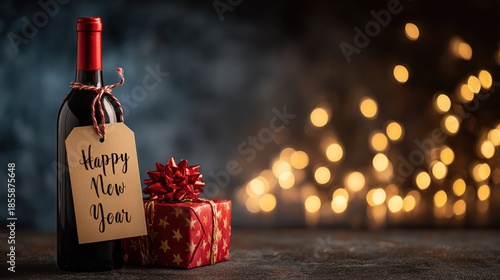 Bottle of Wine with Happy New Year Tag and Gift Box with Bokeh Lights in Background