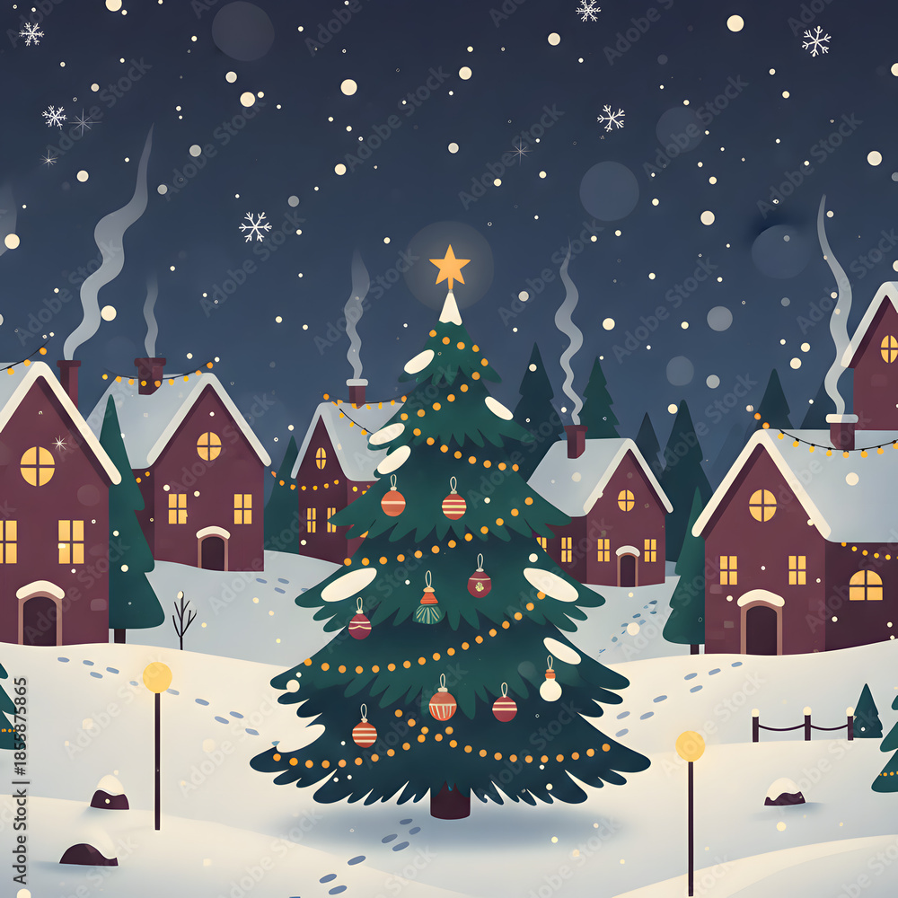 Fototapeta premium Digital illustration of a charming winter village at night. Decorated Christmas tree, snow-covered houses, and falling snow create a festive holiday scene under a starry sky