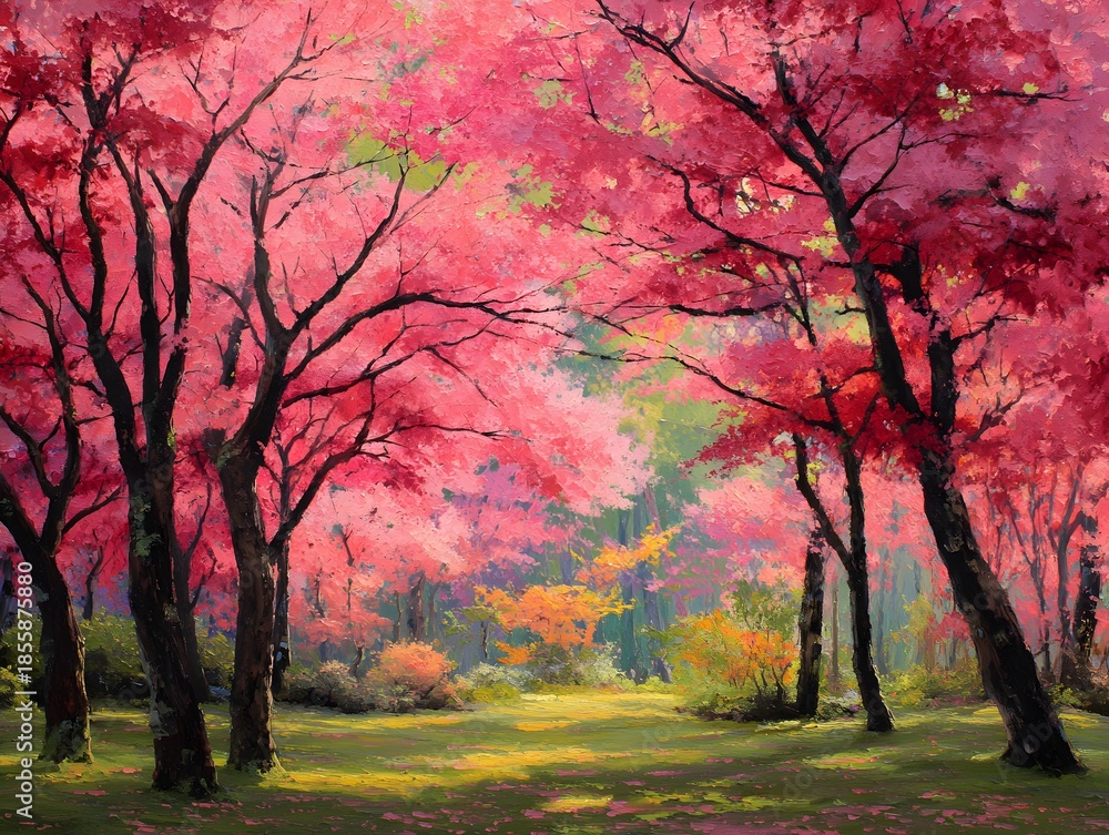 Fototapeta premium Vibrant pink foliage illuminates a sunny woodland clearing during the spring season