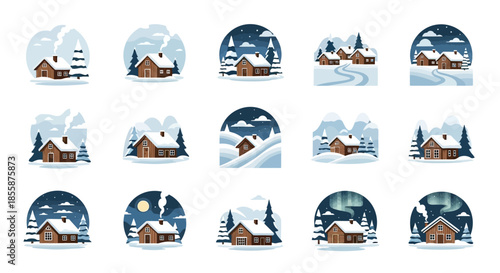 Collection of 15 minimalist vector illustrations depicting cozy wooden cabins and houses nestled in various snowy winter landscapes, featuring mountains, trees, and night scenes.