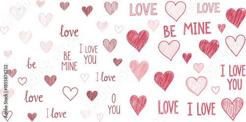 A charming pattern featuring hand-drawn valentine conversation hearts and romantic phrases on a white background, perfect for a candy hearts border.