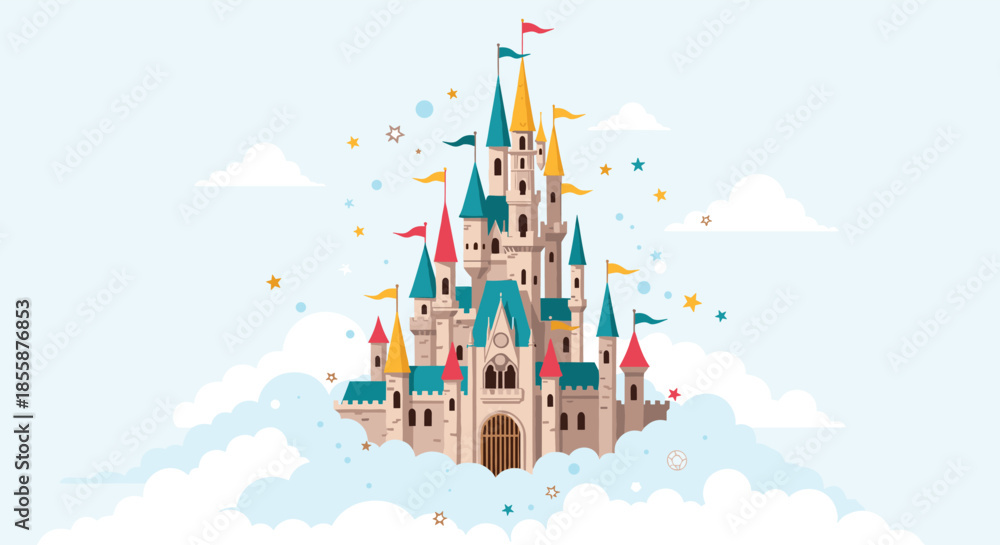Fototapeta premium Fantasy castle floating in the sky surrounded by white clouds and golden stars for a magical kingdom illustration.