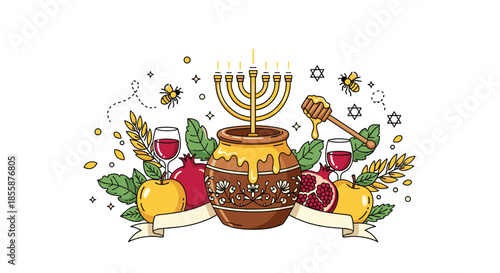 Traditional Rosh Hashanah greeting with a honey jar, red apples, pomegranates, and a menorah for the Jewish New Year.