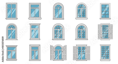 Large collection of different architectural window styles and designs for residential and commercial building facades.