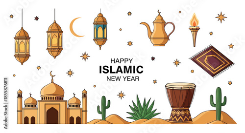 Happy Islamic New Year celebration banner with a mosque, crescent moon, lanterns, and traditional desert motifs.