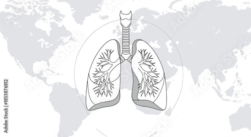 Human respiratory system illustration with lungs over a light gray world map for global health and medicine awareness.