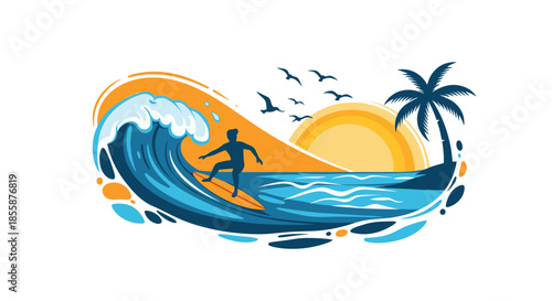 Energetic surfer riding a huge ocean wave during a beautiful tropical sunset with palm trees and seagulls in the sky.