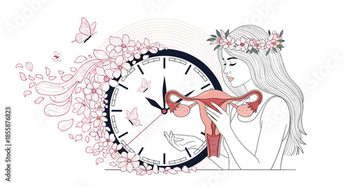 Female healthcare and fertility concept featuring a woman silhouette with a uterus, clock, and pink flowers for wellness.