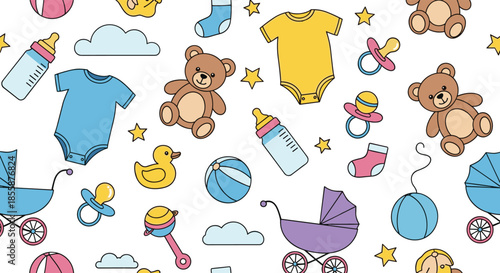 Cute seamless pattern of baby items including teddy bears, strollers, bottles, and toys for a newborn nursery theme.