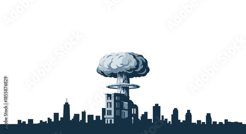 Dramatic silhouette of a nuclear explosion mushroom cloud rising over a dark city skyline in a post-apocalyptic scene.