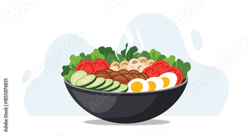 Nutritious healthy bowl containing green salad, boiled eggs, tomatoes, cucumber, and cooked beans for a balanced meal.