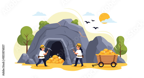 Hardworking miners extracting gold from a rocky mountain cave with tools and a wooden cart in a sunlit valley scene.