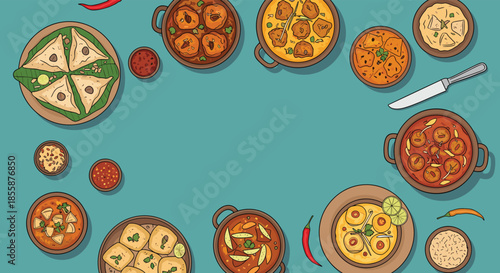 Top view of various traditional Indian dishes and snacks served in ceramic bowls on a vibrant turquoise table.