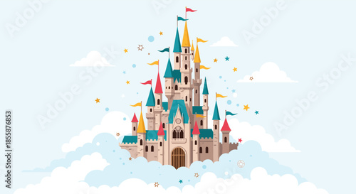 Fantasy castle floating in the sky surrounded by white clouds and golden stars for a magical kingdom illustration.