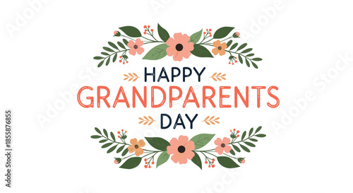 Elegant floral frame with pink blossoms and green leaves for a Happy Grandparents Day celebration card design.