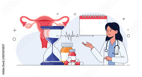 Doctor explaining female reproductive health with a uterus diagram, medical pills, and an hourglass for time management.