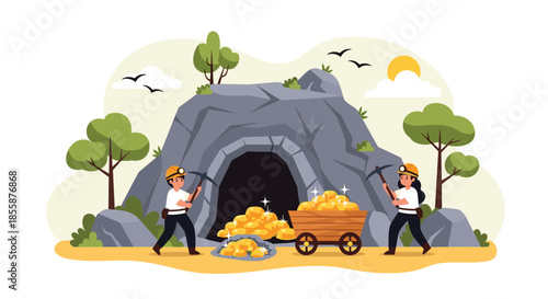 Miners working as a team to dig and transport gold from a cave entrance in a beautiful natural landscape setting.