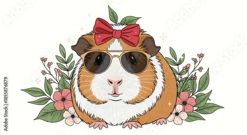 Adorable guinea pig wearing a red bow and sunglasses surrounded by flowers for a cute animal portrait illustration.