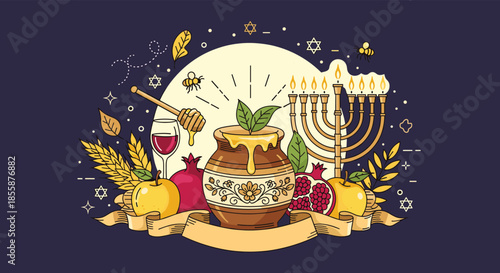 Jewish New Year Rosh Hashanah traditional symbols with a honey jar, apples, pomegranates, and a menorah for holiday.