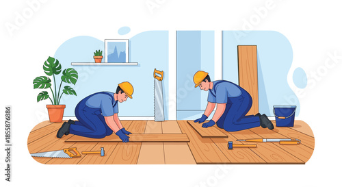 Professional workers installing new wooden parquet flooring in a modern room with tools and a bright atmosphere.