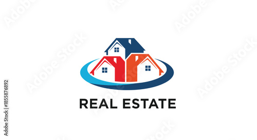 Professional real estate company logo featuring colorful house silhouettes in a circular blue badge design.