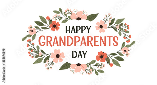 Festive floral wreath for Happy Grandparents Day with colorful pink and red blossoms and green leaves design.