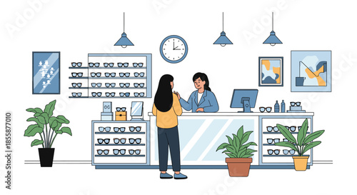 Customer talking to a professional optician in a modern eyewear store with shelves full of different glasses and frames.