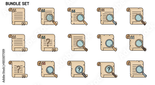 Collection of Cartoon Document Icons with Magnifying Glass.