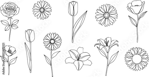 Set of different flower linens on a white background.