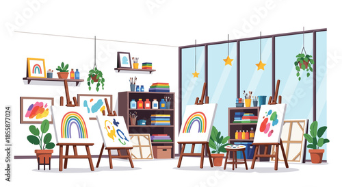 Bright art studio classroom with wooden easels displaying colorful paintings and shelves filled with paints and supplies.